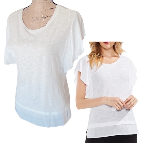 Vince Camuto Vintage Band White Flutter Sleeve Short Sleeve Top Medium - Picture 1 of 9
